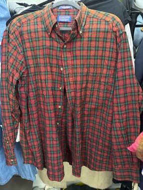 Pendleton 100% Wool Men's Red & Green Plaid Button-Down Shirt